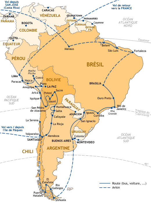 Carte de notre itinéraire en Amérique du Sud