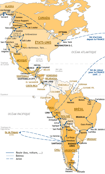 Carte de notre itinéraire en Amériques