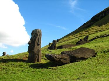 Certains moai sont tomb&eacute;s face contre terre
